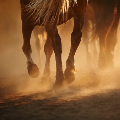 Sabots de cheval foulant un chemin poussiéreux.